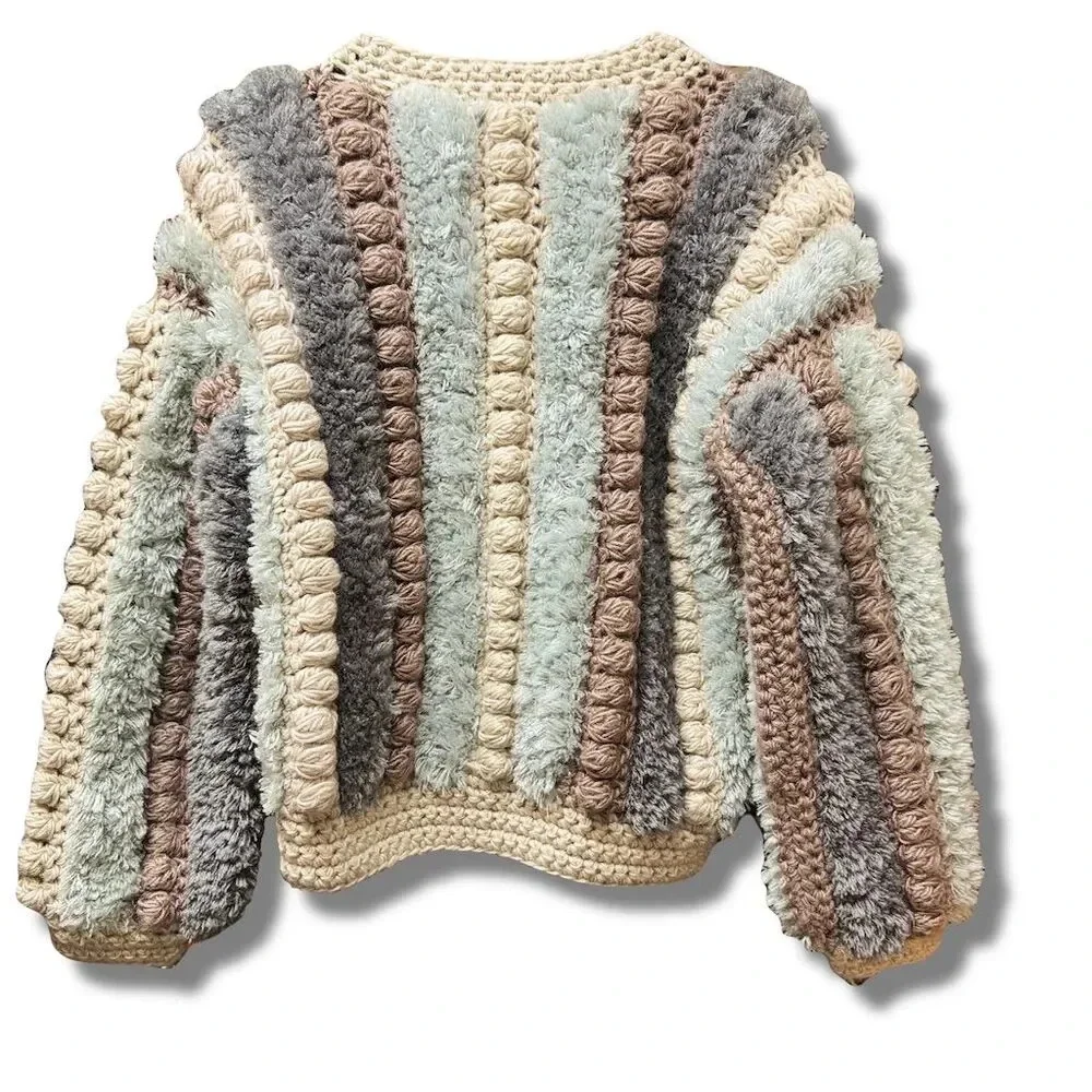 Vintage Le Sweater Women's S Striped Hand Knit Pom Pom Cardigan - Picture 3 of 7